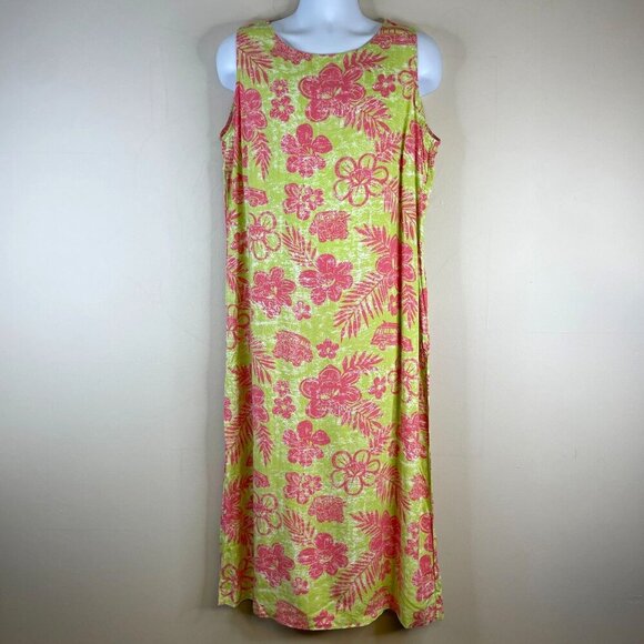 TROPICAL Floral MAXI Dress XL Green Pink MOD Sleeveless Pullover Hawaiian - Picture 1 of 11
